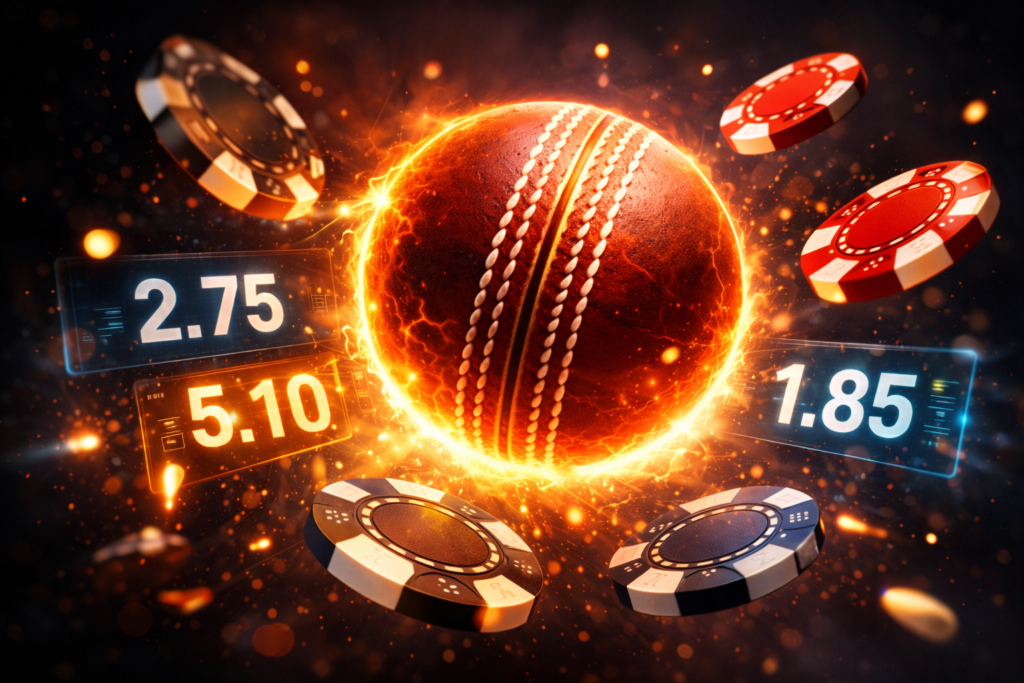 Online cricket id betting concept art showing a glowing cricket ball with flying casino chips and digital odds hologram in a dark cinematic background