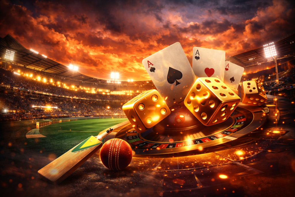 Fantasy online cricket id betting scene where a cricket stadium merges into a casino floor with golden dice, playing cards, and dramatic cinematic sky