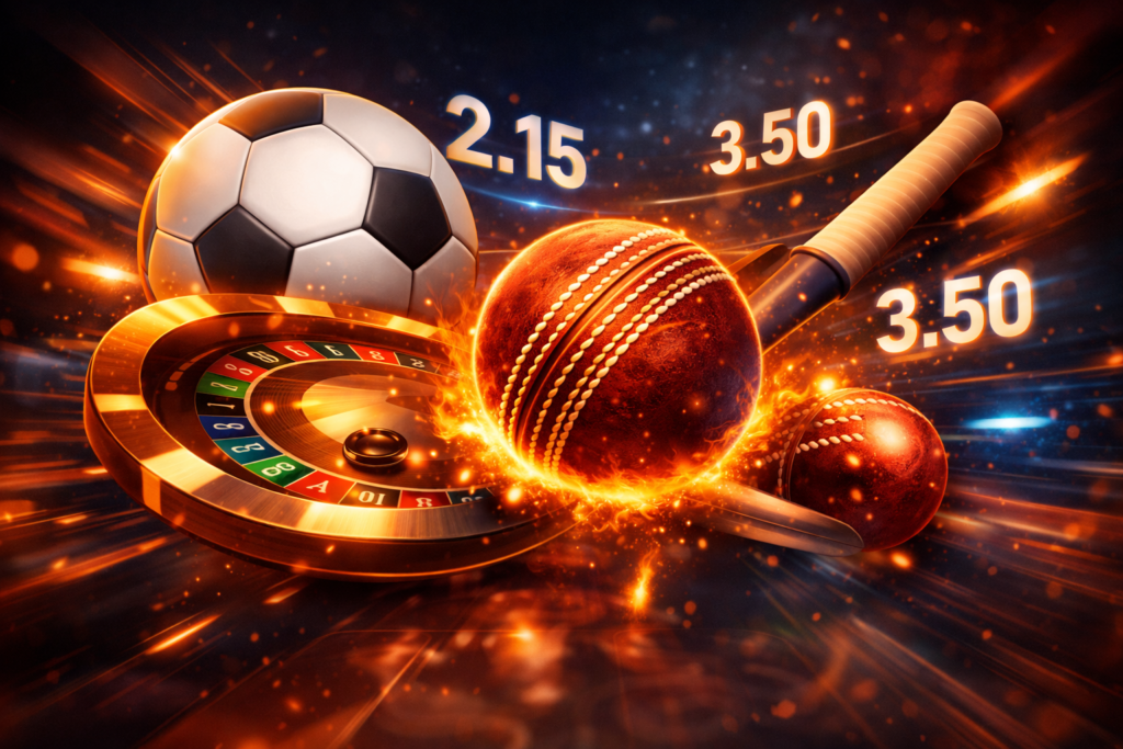 High-energy online cricket id sports betting artwork featuring football, cricket bat, roulette wheel, glowing odds numbers, and motion blur