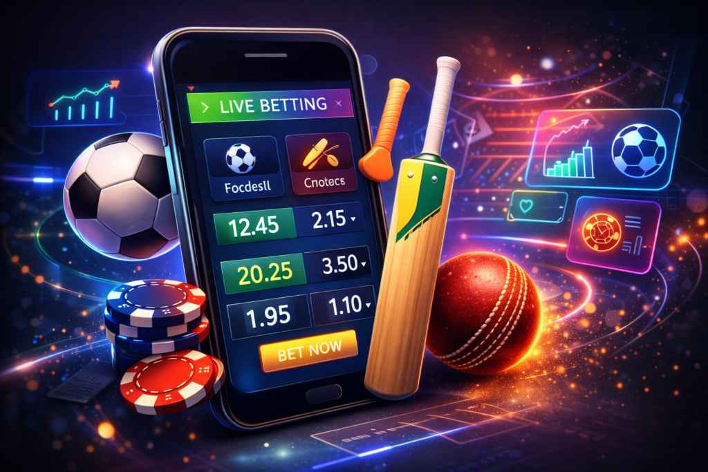 Modern online cricket id betting illustration with smartphone displaying live sports odds, football and cricket icons, poker chips, and neon fintech UI