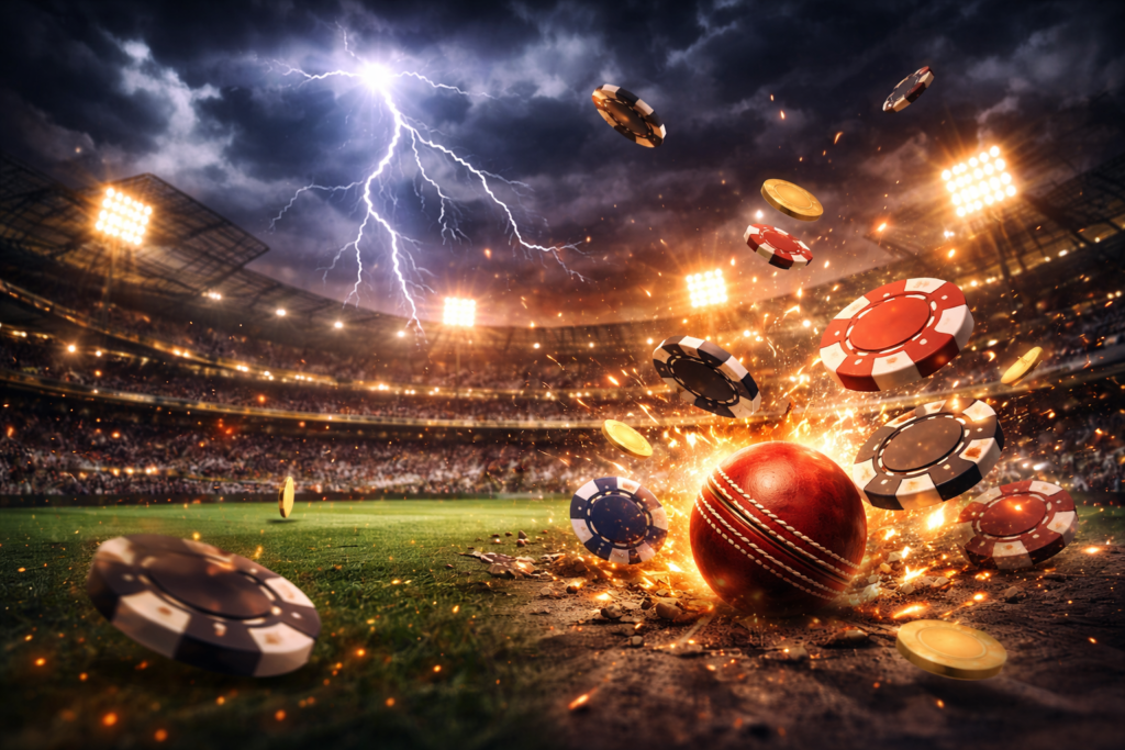Moody dramatic online cricket id betting image with lightning over a cricket stadium, exploding casino chips, stormy sky, and cinematic lighting