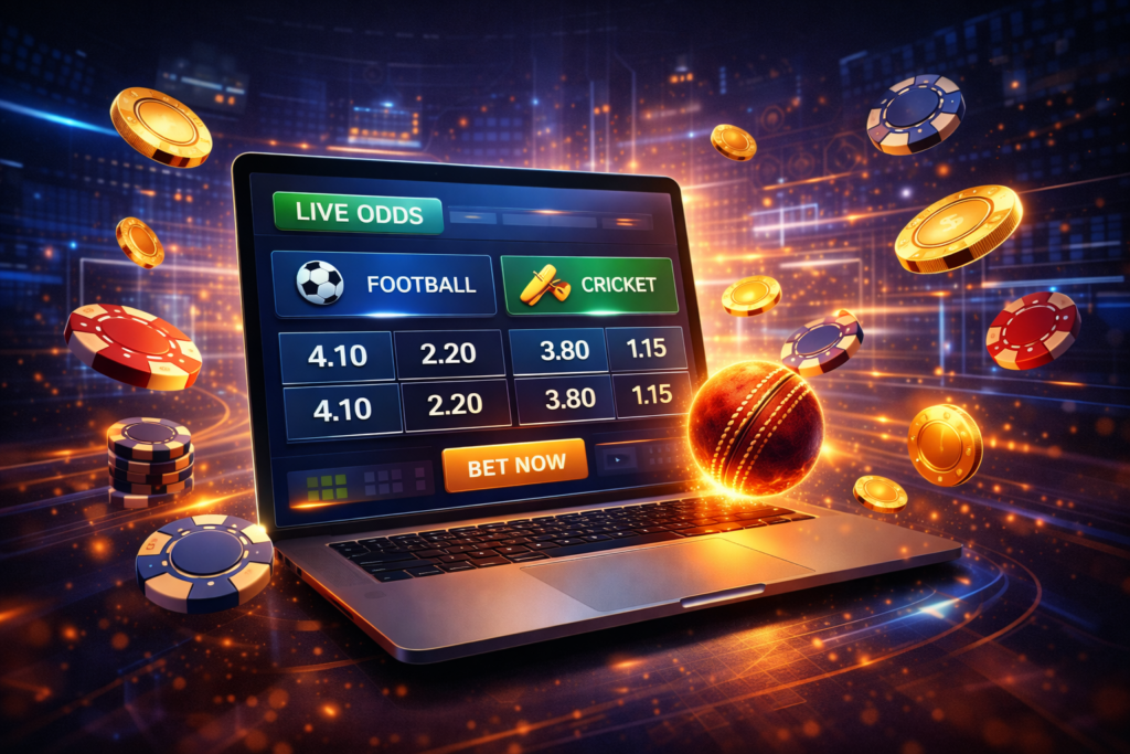 Online cricket id casino and sports betting visual with laptop screen displaying live match odds, floating coins, chips, and futuristic digital environment